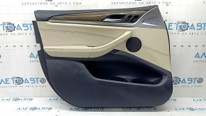 Door trim, front left card, BMW X3 G01 18-21, black, insert and armrest, beige leather OYSTER, molding under the wood, dark oak Perlglanz Chrome, with a handle, under memory, cracked handle, scratches, air under the varnish
