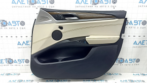 Door trim, front right card, BMW X3 G01 18-21, black, insert and armrest, beige leather OYSTER, molding under the wood, dark oak Perlglanz Chrome, with a handle, without an armrest handle, scratches, corrosion of the mesh