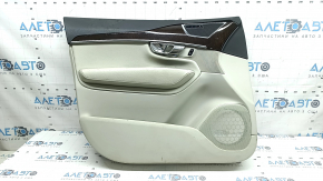 Door trim, front left card, Volvo XC90 16-20, gray, gray leather insert, gray leather armrest, with handle, wood insert with chrome molding, with buttons for controlling the central lock and seat memory, dry-cleanable
