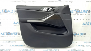 Door trim, front left card, BMW X5 G05 19-23, black leather, Fineline Stripe wood insert, black leather armrest, with handle and overlays, scratches, dents, needs cleaning, stitching is worn out