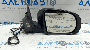 Right side mirror assembly Jeep Compass 17-22 5+4 pins, BSM, turn signal, heated, with chrome molding, black, chip on chrome, scratch