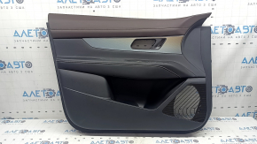 Front left door panel for Nissan Murano 25-26, black, brown leather trim with white stitching, black leather armrest with white stitching, glossy gray insert, with backlighting, scratches
