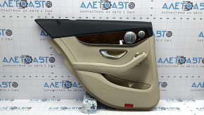 Door trim, rear left card, Mercedes C-class W205 17-21, beige leather, without curtain, wood insert, beige leather armrest, black top, with handle and overlays, bumps, scratches