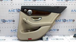 Door trim, rear right card, Mercedes C-class W205 17-21, beige leather, without curtain, wood insert, beige leather armrest, black top, with handle and overlays, scratches, nicks