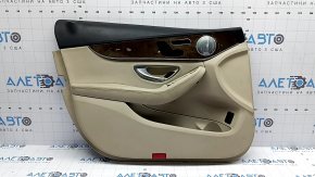 Door trim, front left card, Mercedes C-class W205 15-18, beige leather, wood insert, beige leather armrest, black top, with handle and overlays, scratch, needs cleaning