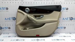 Door trim, front right card, Mercedes C-class W205 15-18, beige leather, wood insert, beige leather armrest, black top, with handle and overlays, scratches, needs cleaning