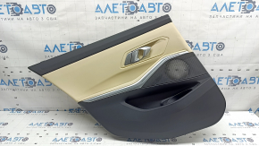 Door trim, rear left card, BMW 3 G20 19-26, black, Canberra Beige leather, with chrome handle and trim, armrest and insert, Canberra Beige leather, with lighting and window lift control, scratches, cracked chrome molding, bumps
