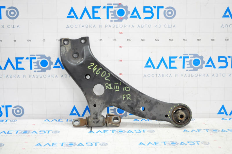 The lower front right control arm of a Lexus RX350 RX450h 10-15 has a torn silent block.