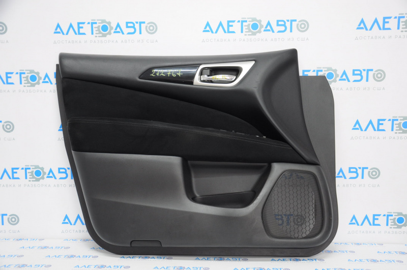 Door trim card front left Nissan Pathfinder 13-16 black with black insert cloth, armrest cloth, molding black gloss, scratches
