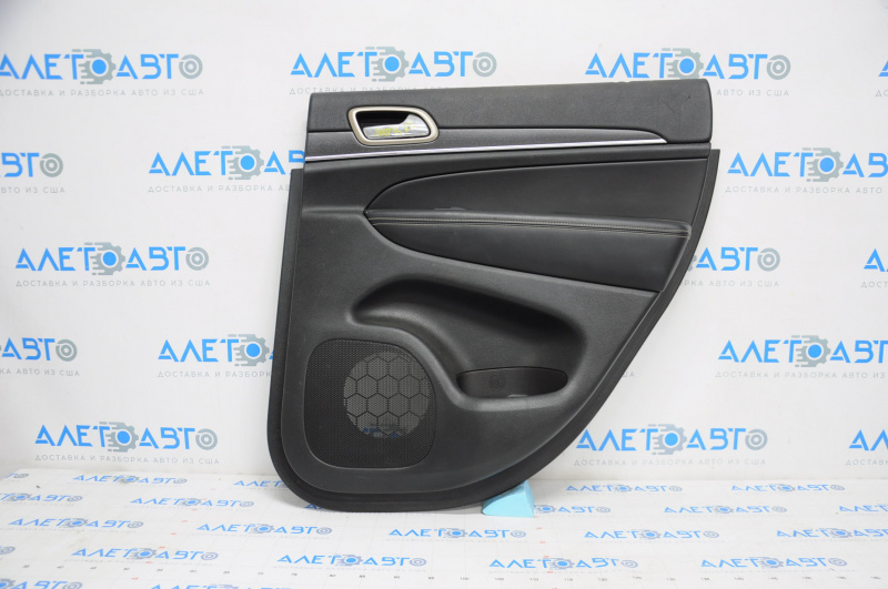 Door trim card rear right Jeep Grand Cherokee WK2 14-17 black with black insert leather, armrest leather, white stitching, molding with chrome, under matt black wood, scratches