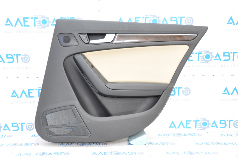 Door trim card rear right Audi A4 B8 13-16 rest black with beige insert leather, rubber armrest, molding under wood gloss, sedan, without curtain, broken crepe, scratches