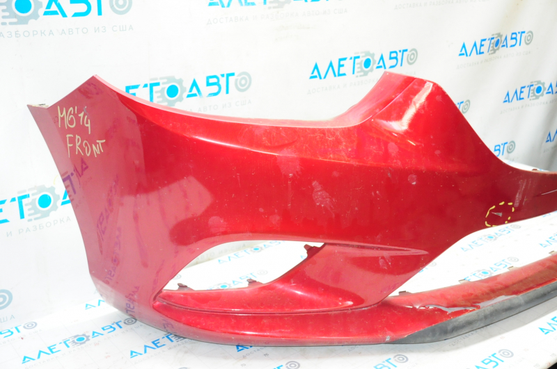 Front bare bumper Mazda 6 13-17 without washers and parking sensors, red 41V, broken fastening, pressed, scratched