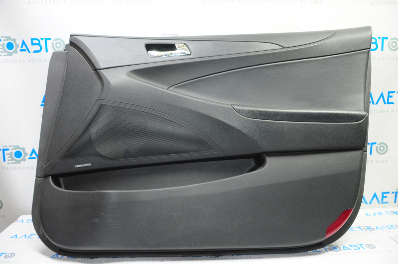 Door trim card front right Hyundai Sonata 11-14 black with black insert leather, armrest leather, black molding structure, dimension, scratches