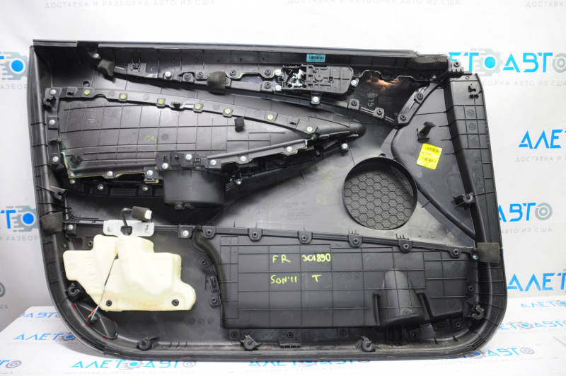 Door trim card front right Hyundai Sonata 11-14 black with black insert leather, armrest leather, black molding structure, dimension, scratches