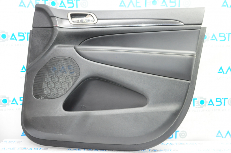 Door trim card front right Jeep Grand Cherokee WK2 14-17 black with black insert leather, armrest leather, white stitching, molding with chrome, under matt black wood, backlight
