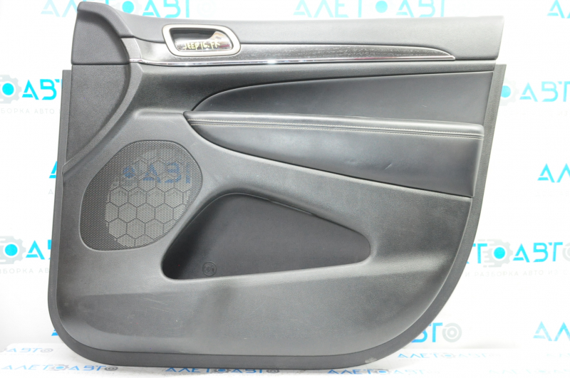 Door trim card front right Jeep Grand Cherokee WK2 14-17 black with black insert leather, armrest leather, white stitching, molding with chrome, under matt black wood, backlight, scratches