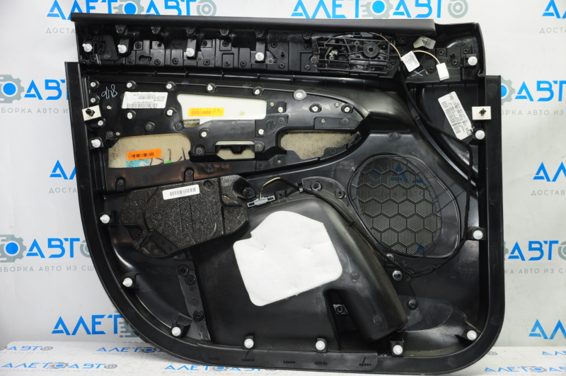 Door trim card front right Jeep Grand Cherokee WK2 14-17 black with black insert leather, armrest leather, white stitching, molding with chrome, under matt black wood, backlight, scratches