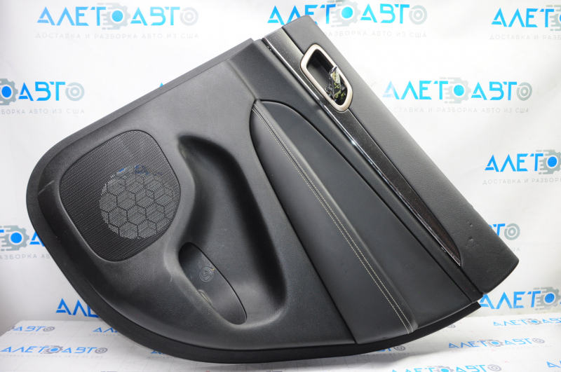 Door trim card rear right Jeep Grand Cherokee WK2 14-17 black with black insert leather, armrest leather, white stitching, molding with chrome, under matt black wood, butts