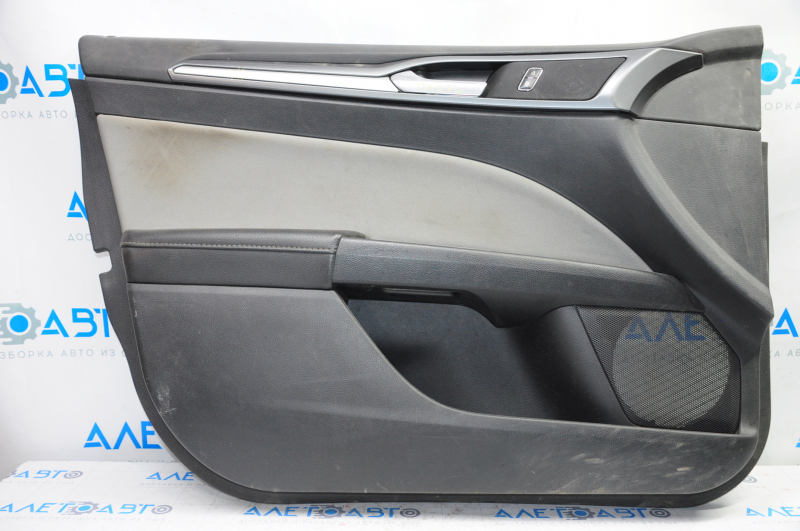 Door trim card front left Ford Fusion mk5 13-16 black with gray insert cloth, armrest leather, molding gray gloss, crack, rubbed, for dry cleaning