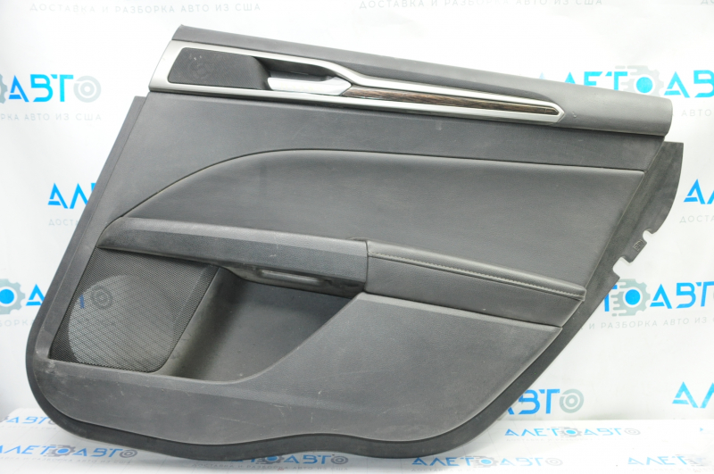 Door trim card rear right Ford Fusion mk5 13-16 black with black insert leather, armrest leather, molding under wood gloss, tears, scratches, pokes