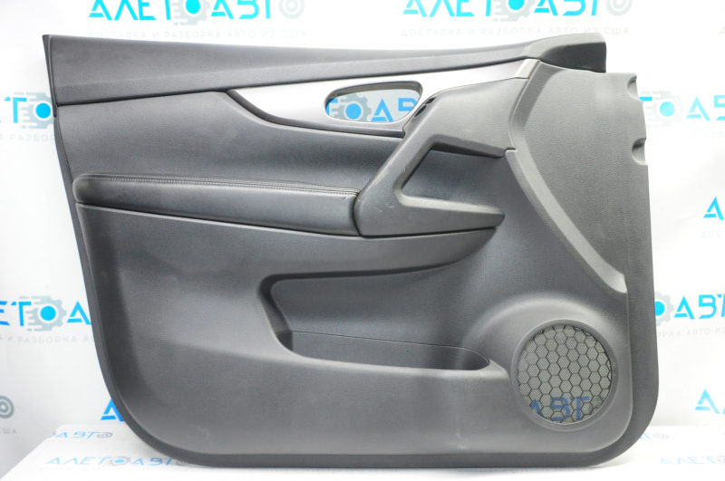 Door trim card front left Nissan Rogue 14-16 black with black insert plastic, armrest leather, molding graphite gloss, scratches