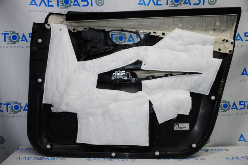 Door trim card front left Nissan Rogue 14-16 black with black insert plastic, armrest leather, molding graphite gloss, scratches