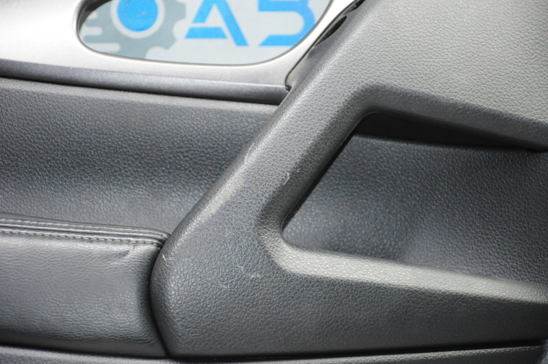 Door trim card front left Nissan Rogue 14-16 black with black insert plastic, armrest leather, molding graphite gloss, scratches