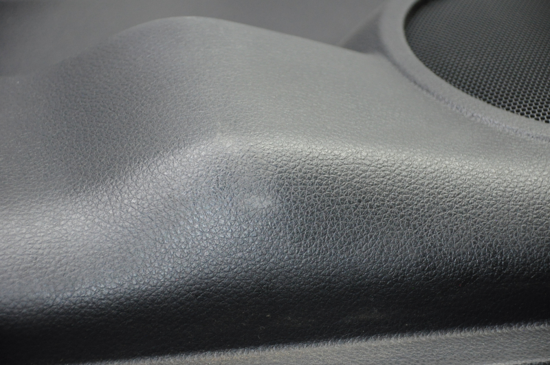 Door trim card front left Nissan Rogue 14-16 black with black insert plastic, armrest leather, molding graphite gloss, scratches