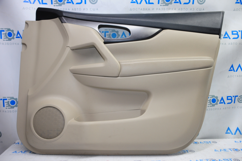Door trim card front right Nissan Rogue 14-16 beige with beige insert plastic, molding graphite gloss, armrest leather, scratches, bump