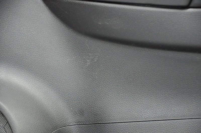 Door trim card front right Nissan Rogue 14-16 black with black insert plastic, molding black gloss, armrest leather, scratches
