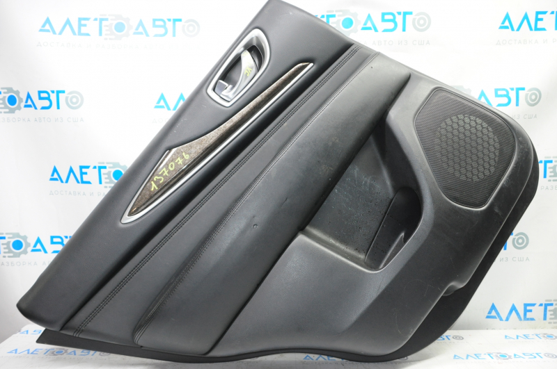 Door trim card rear left Infiniti JX35 QX60 13-13 black with black insert leather, armrest leather, molding gray gloss, tear, scratches, pokes