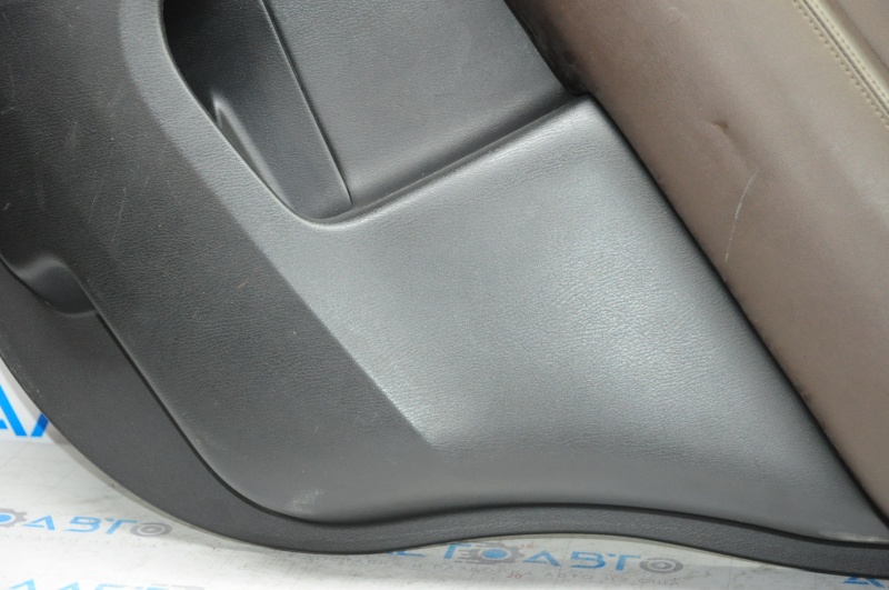 Door trim card rear right Infiniti JX35 QX60 13-13 black with brown insert leather, armrest leather, molding under wood gloss, under tweeter, scratches, bumps