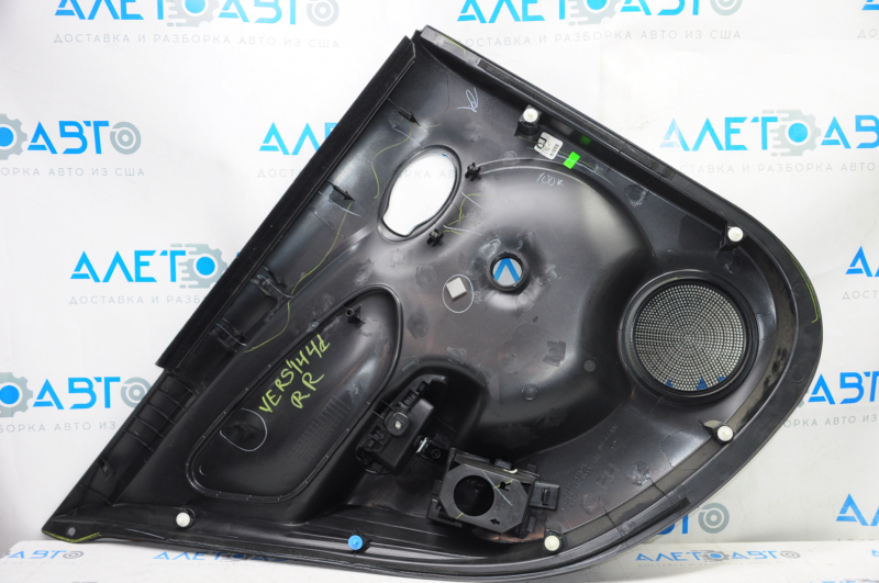 Door trim card rear right Nissan Versa 12-19 usa black with black insert plastic, under fur window lift, scratches