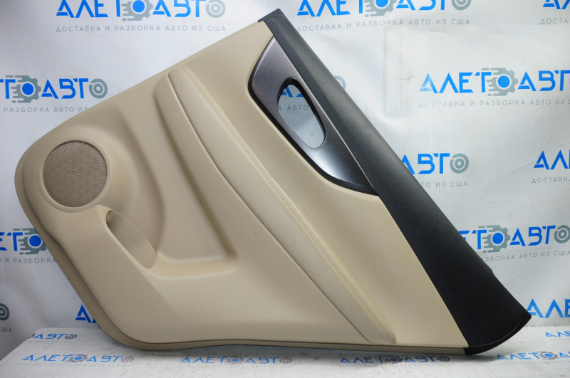 Door trim card rear right Nissan Rogue 14-16 beige with black insert plastic, molding graphite gloss, armrest leather, scratches, bump