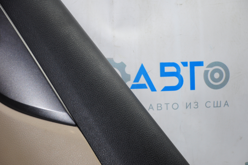 Door trim card rear right Nissan Rogue 14-16 beige with black insert plastic, molding graphite gloss, armrest leather, scratches, bump