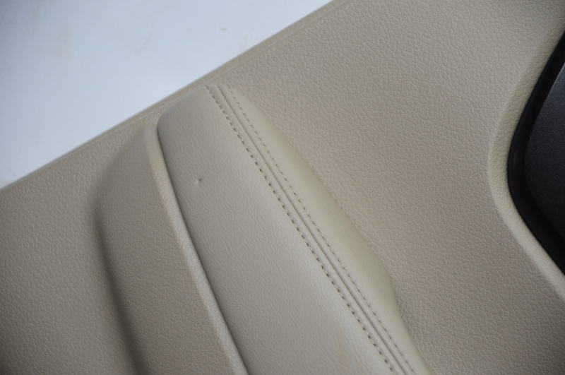 Door trim card rear right Nissan Rogue 14-16 beige with black insert plastic, molding graphite gloss, armrest leather, scratches, bump