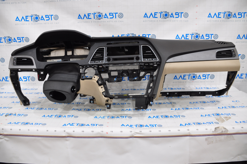 Dashboard front panel without AIRBAG Hyundai Sonata 15-17 beige trim, crack along AIRBAG contour, scratches