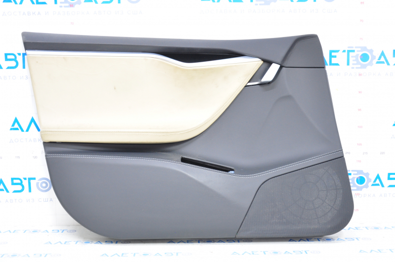 Door trim card front left Tesla Model S 12-15 pre-restyling, black leather, with beige insert, with backlight, swollen leather, bumps, scratches on chrome