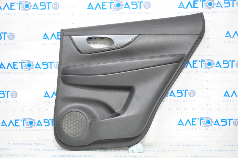 Door trim card rear right Nissan Rogue 14-20 black with black insert plastic, molding under carbon gloss, armrest leather