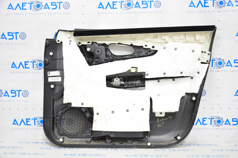 Door trim card front left Nissan Rogue 14-20 black with black insert plastic, molding under carbon gloss, armrest leather