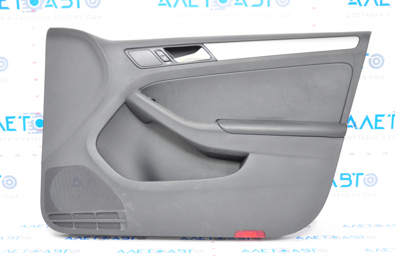 Door trim card front right VW Jetta 11-18 USA black with black insert plastic, armrest leather, molding gray gloss type 1, traces of glue