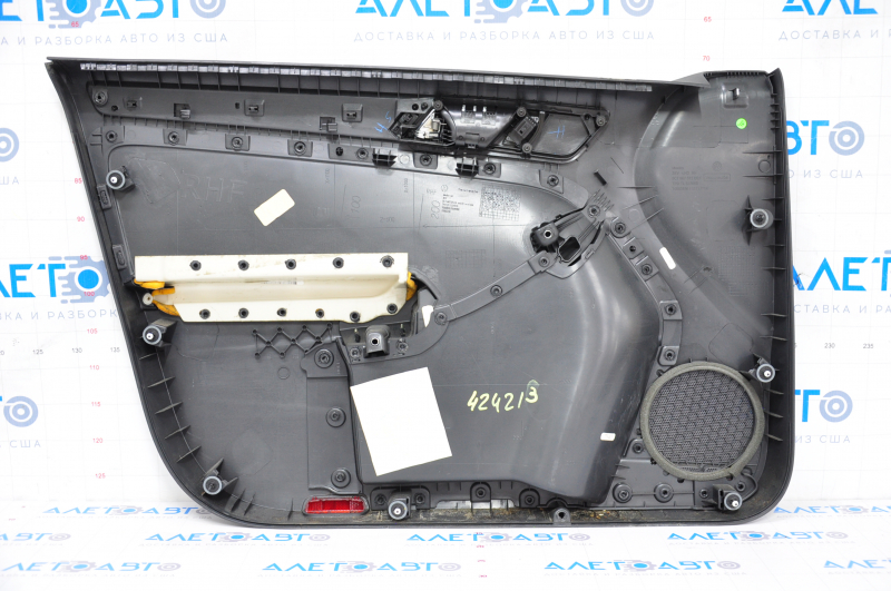Door trim card front right VW Jetta 11-18 USA black with black insert plastic, armrest leather, molding gray gloss type 1, traces of glue