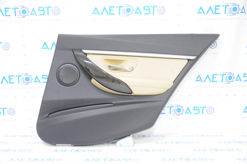 Door trim card rear right BMW 3 F30 12-18 black, dark wood trim, beige leather insert, with gray molding and backlight