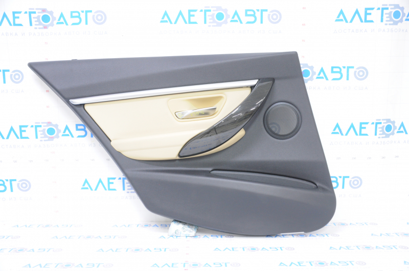 Door trim card rear left BMW 3 F30 12-18 black, dark wood trim, beige leather insert, with gray molding and backlight