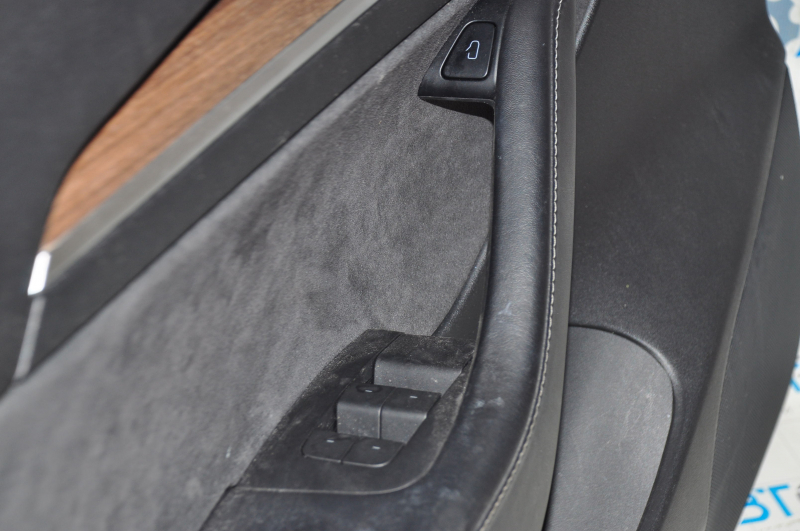 Door trim card front left Tesla Model 3 21 - black leather, wood, with window lift control and door opening button, wood swelled