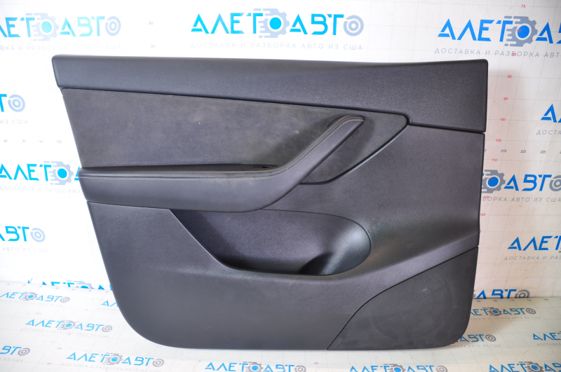 Door trim card front left Tesla Model Y 20 - black leather, with backlight, matte lining, with suede insert, with window lift control, with door opening button, varnish