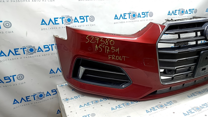 Front bumper assembly Audi A5 F5 17-19 for parking sensors premium, prestige, with radiator grille, red, scratches, sand on chrome, broken fastener