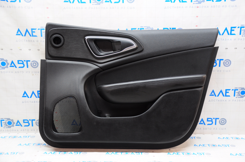 Door trim card front right Chrysler 200 15-17 black with black insert cloth, armrest leather, molding under wood black gloss, scratches