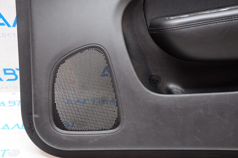 Door trim card front right Chrysler 200 15-17 black with black insert cloth, armrest leather, molding under wood black gloss, scratches
