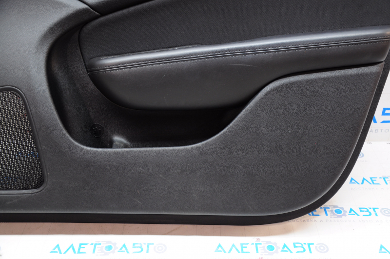 Door trim card front right Chrysler 200 15-17 black with black insert cloth, armrest leather, molding under wood black gloss, scratches